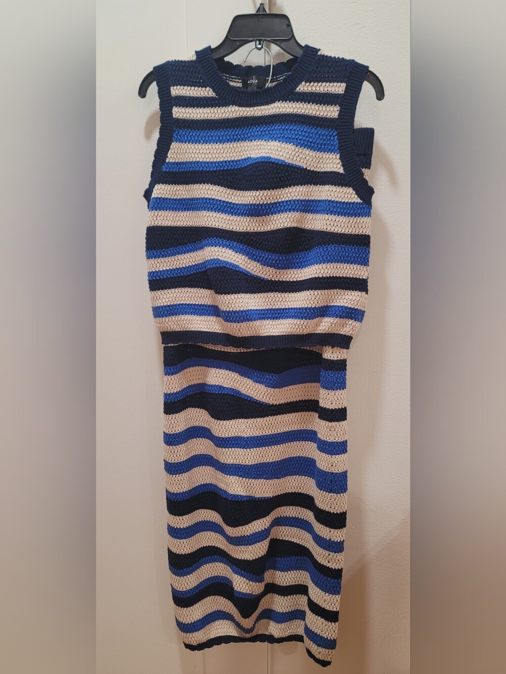 Striped Blue, Black & Cream Knit Women's Skirt Set By Aqua